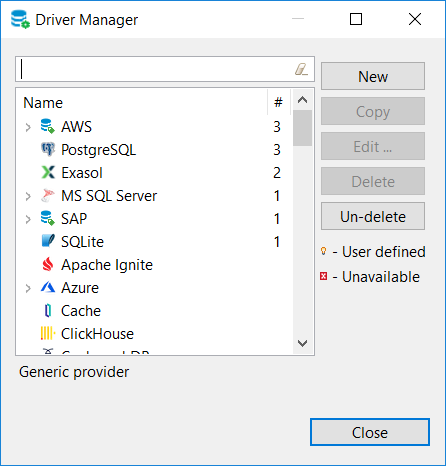 existing database drivers on DBeaver