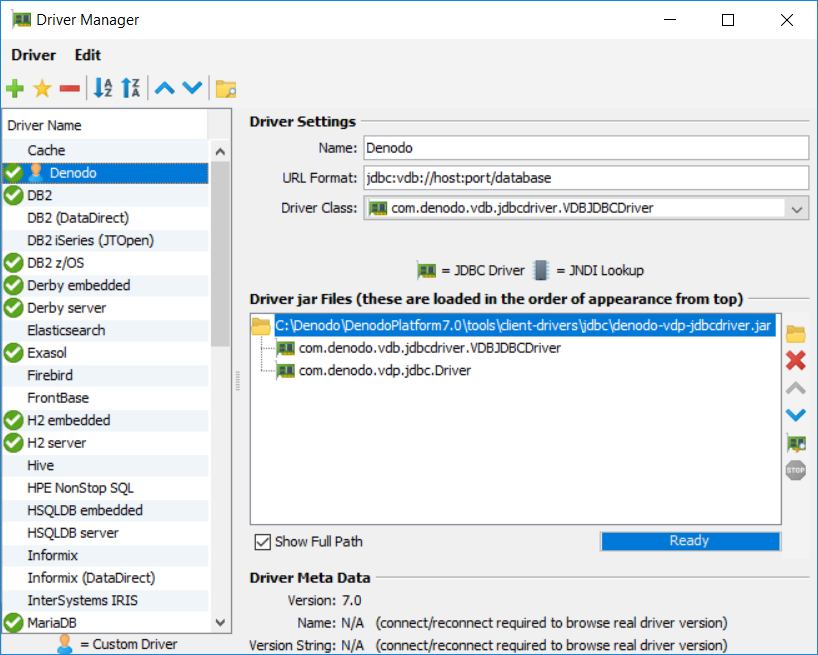 Denodo JDBC driver configuration on DbVisualizer database management tool