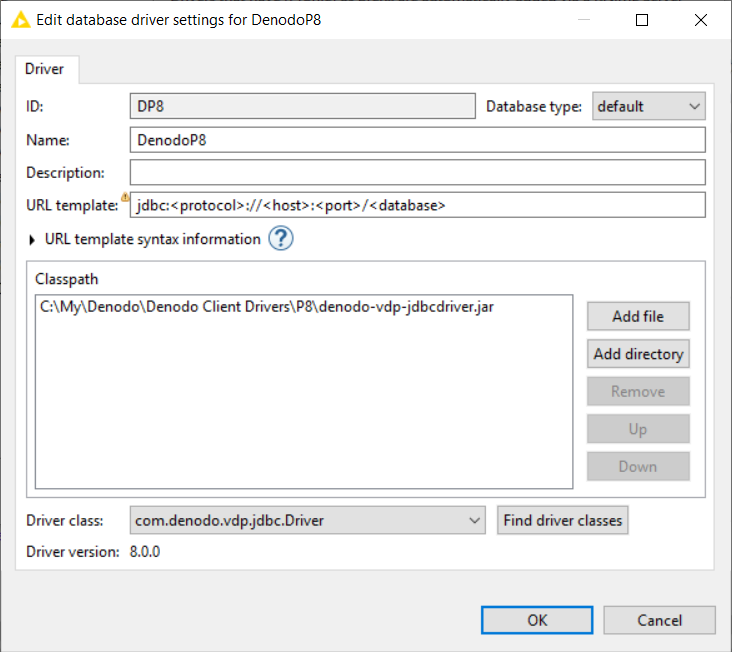 database driver settings for Denodo Platform on Knime