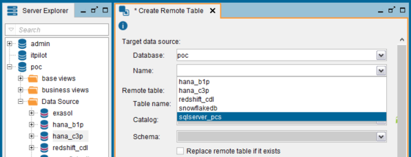 target database for Denodo remote table creation