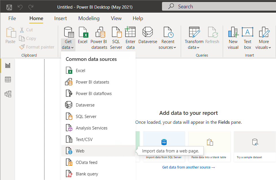 import data from web page into Power BI report