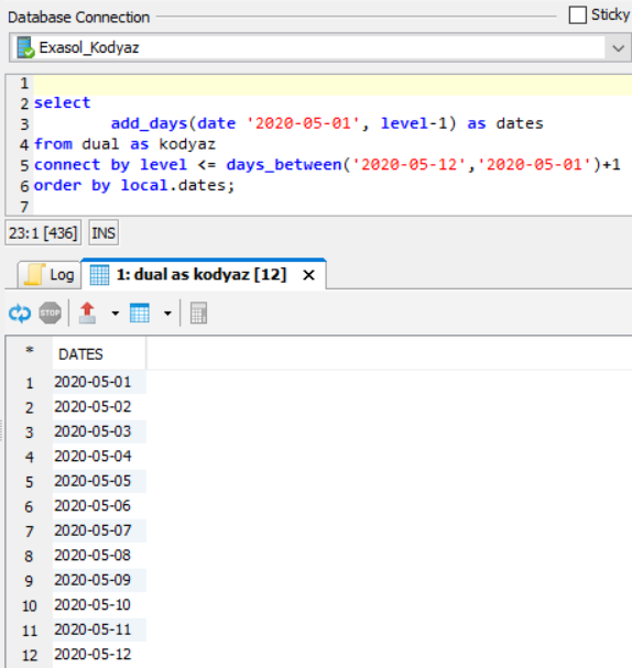 Create Dates Table On Exasol Using SQL To List Days Between Two Dates