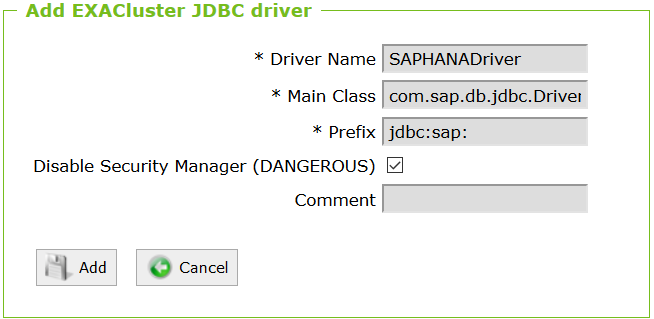 Exasol SAP HANA JDBC Driver parameters