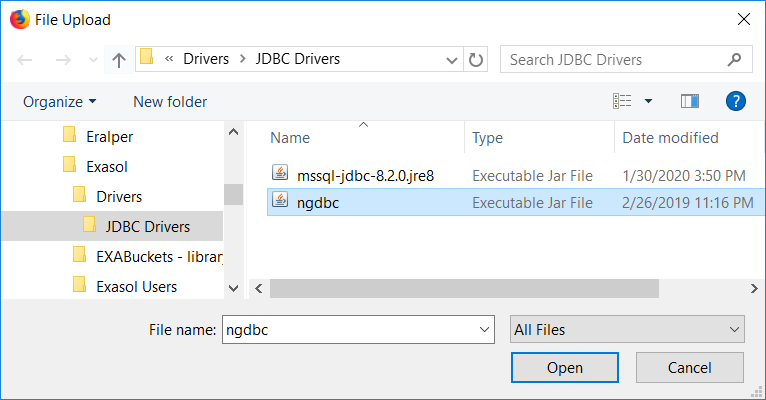 choose SAP HANA JDBC driver ngdbc.jar file