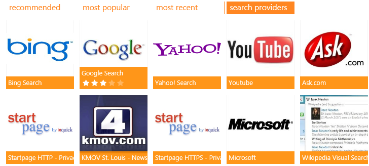 list of search providers add-ons available for Internet Explorer 10