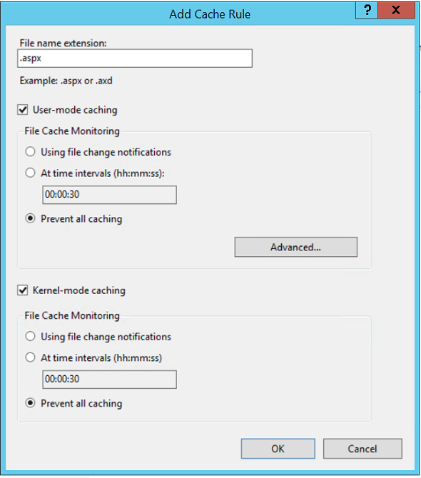 add cache rule on IIS management console for a web site