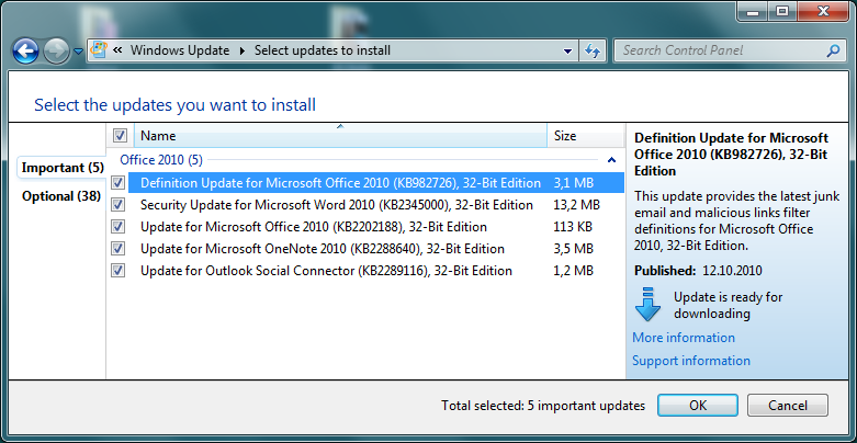 Windows Update for Microsoft Office 2010 using Control Panel