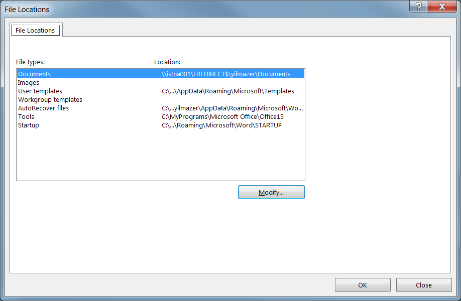 change Microsoft Office file locations for documents and templates