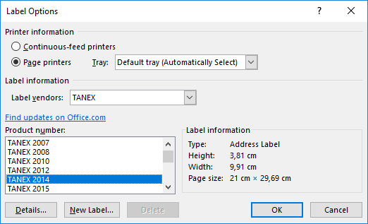 Microsoft Word label options