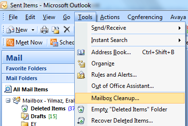 Microsoft Outlook > Tools > Mailbox Cleanup menu options