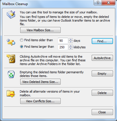 Microsoft Outlook Mailbox Cleanup tool