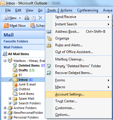 Outlook tools and account setting for compact command