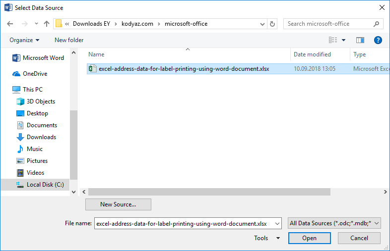 select data source Excel file for label printing recipient data