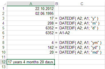 calculate age function using DATEDIF in Excel 2013