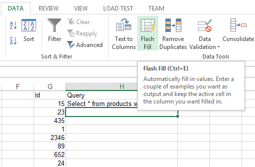 Microsoft Excel 2013 flash fill