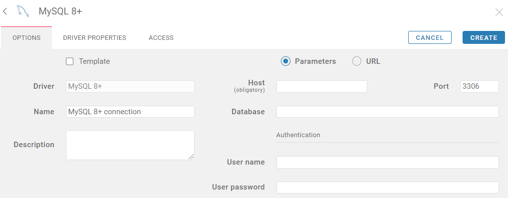 MySQL database connection parameters for CloudBeaver administrator