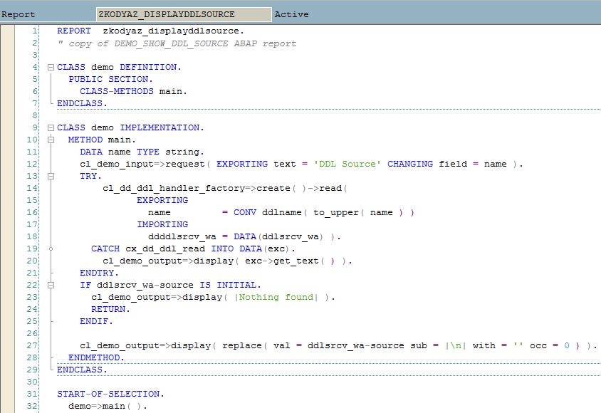 ABAP codes of DEMO_SHOW_DDL_SOURCE SAP program