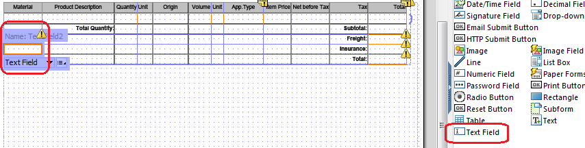 add text field on Adobe Form table cell