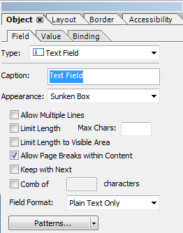 Adobe Form text field properties