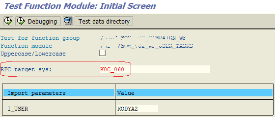 test ABAP function module call using RFC destination on SE37 transaction