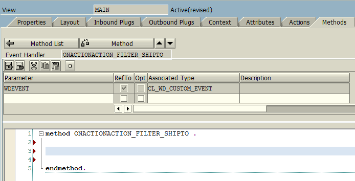 ABAP code editor for Web Dynpro Main view event, methods and actions