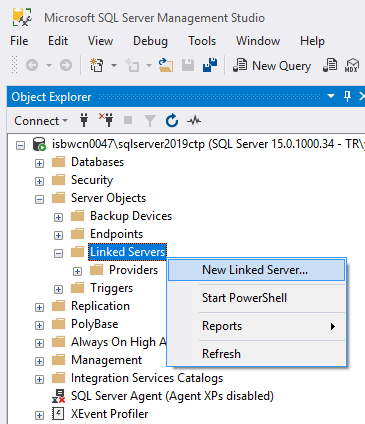 create new linked server on SQL Server using SSMS