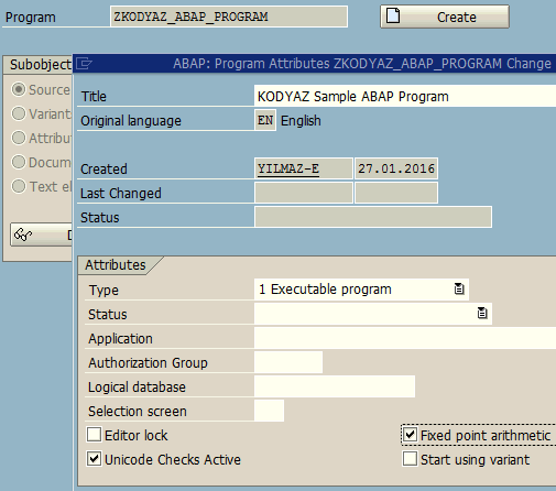 create new ABAP program with Fixed Point Arithmetic attibute marked