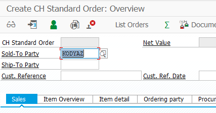 SAP VA01 Create Sales Order screen with predefined Sold-to Party customer
