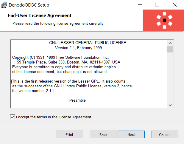 Denodo ODBC driver license agreement