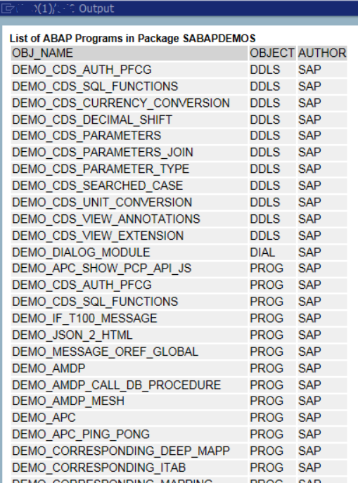 display list of ABAP programs in SAP package