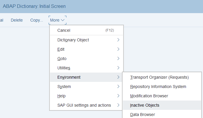 SE11 ABAP Dictionary screen menu for Inactive Objects