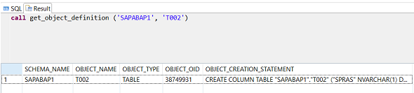 get_object_definition procedure output for SAP HANA database table