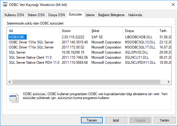 ODBC Data Sources Administrator tool Drivers tab