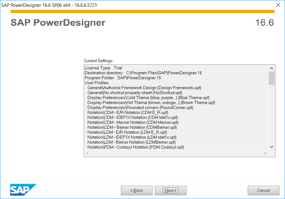 PowerDesigner installation summary