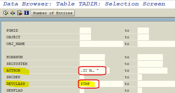 list local objects in TADIR ABAP table for specific SAP user