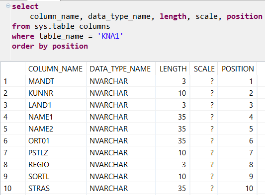 read column list of a table on SAP HANA database