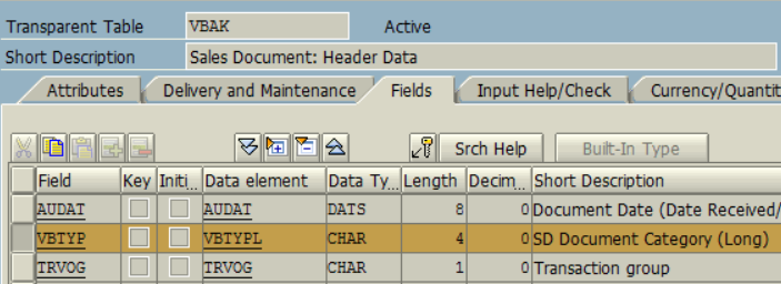 VBTYPL for VBAK Sales Document Header table document category field