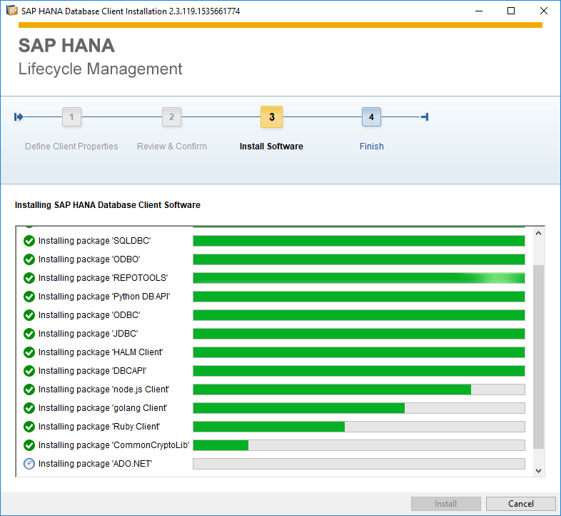 SAP HANA Database Client setup progress