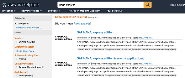 available SAP HANA, express editions on AWS Marketplace