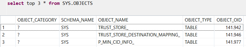 SAP HANA database sys.objects system view
