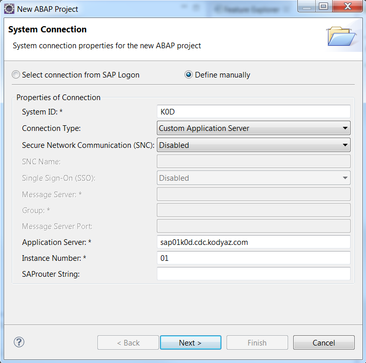 SAP system connection properties for ABAP project in Eclipse