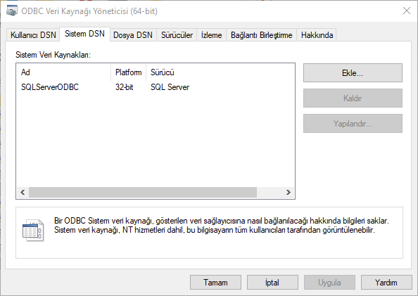 System DSN tab on ODBC Data Sources Administrator