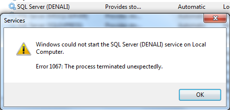 Windows could not start the SQL Server Denali service