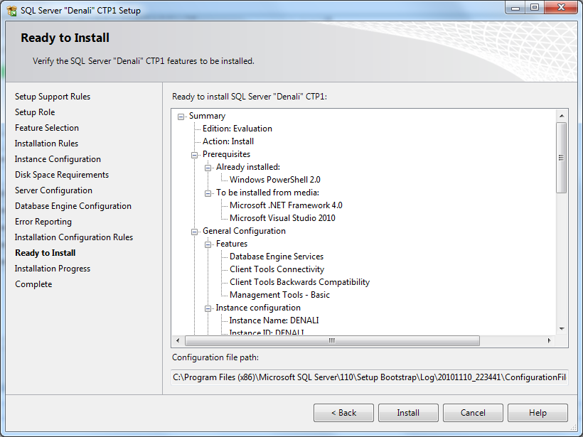 verify SQL Server 2012 features to install