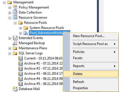 delete resource pool using SQL Server Management Studio