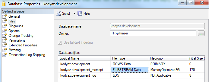 SQL Server 2014 database filestream file for memory optimized table