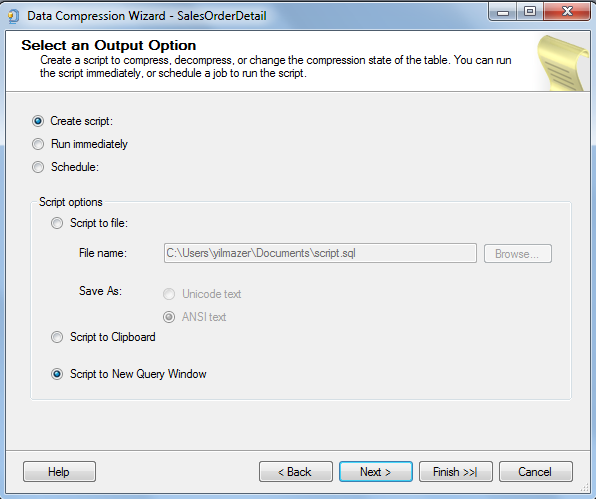 SQL Server database table compression script output options