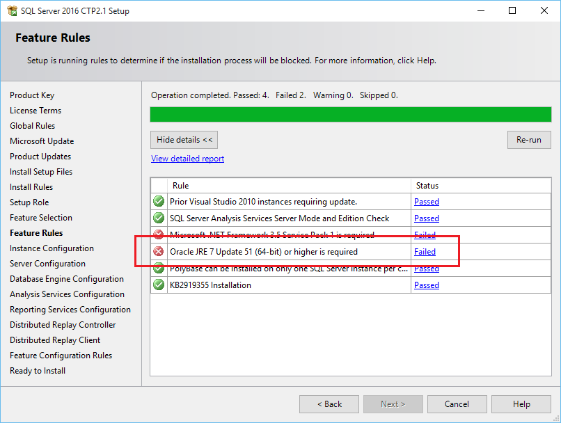 SQL Server 2016 feature rules for installation