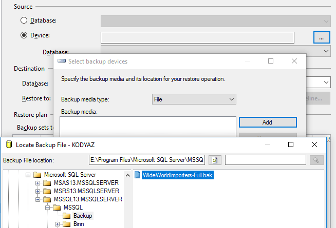 locate sample database WideWorldImporters backup file to restore on SQL Server 2016