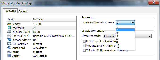 number of processor cores in virtual machine settings